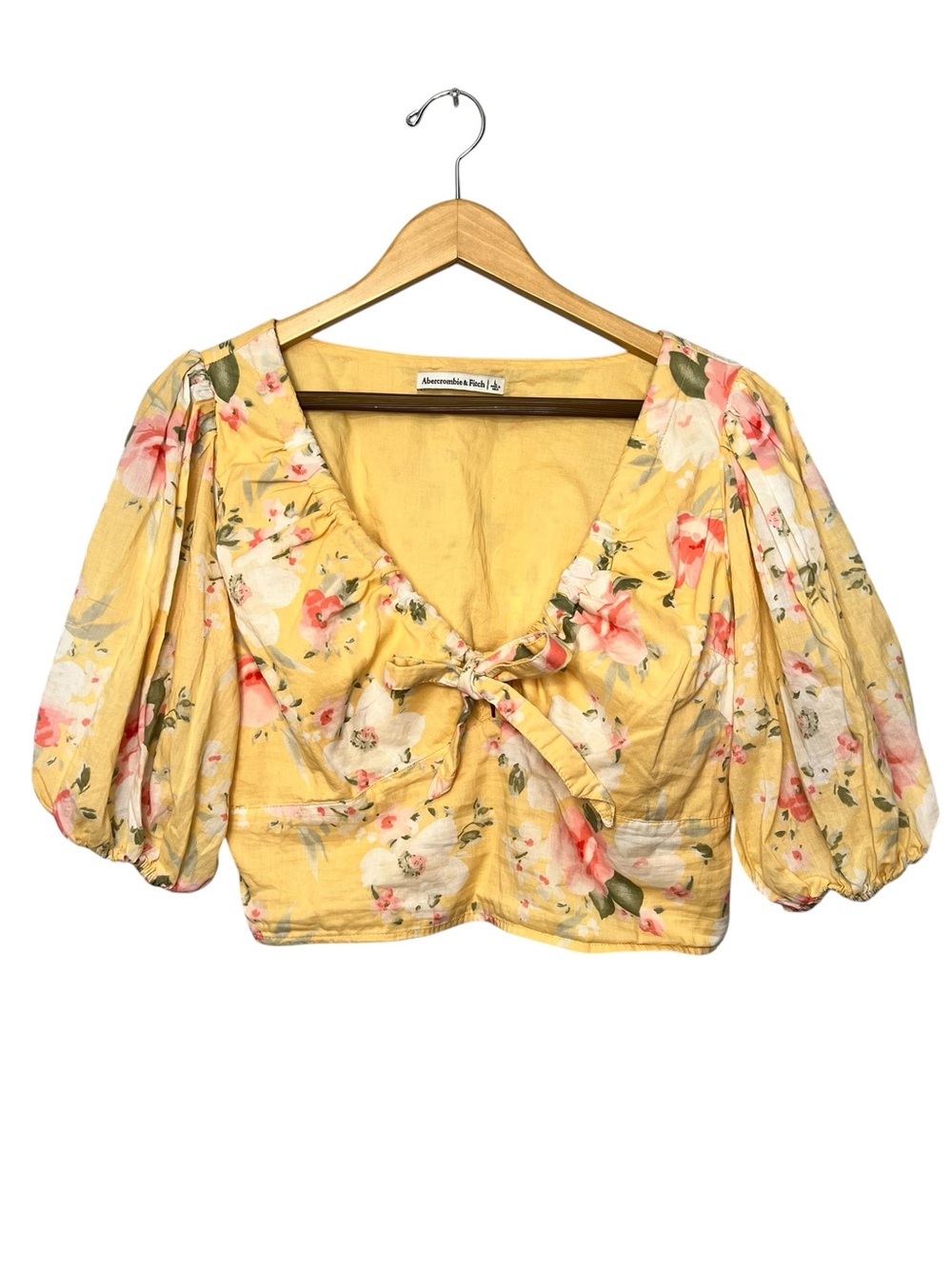 Prairie Abercrombie Crop Top Large Yellow Floral Puff Sleeve Milkmaid Cottage